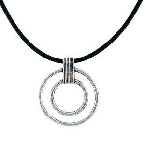 Silver Tone Hammered O Necklace 18" Black Cord